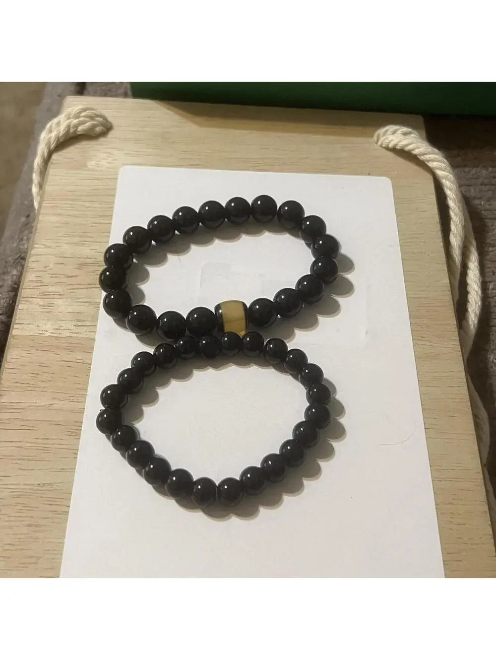 B-22 BRAND NEW Black Beaded Stretch Bracelet Set with Tiger's Eye Accent